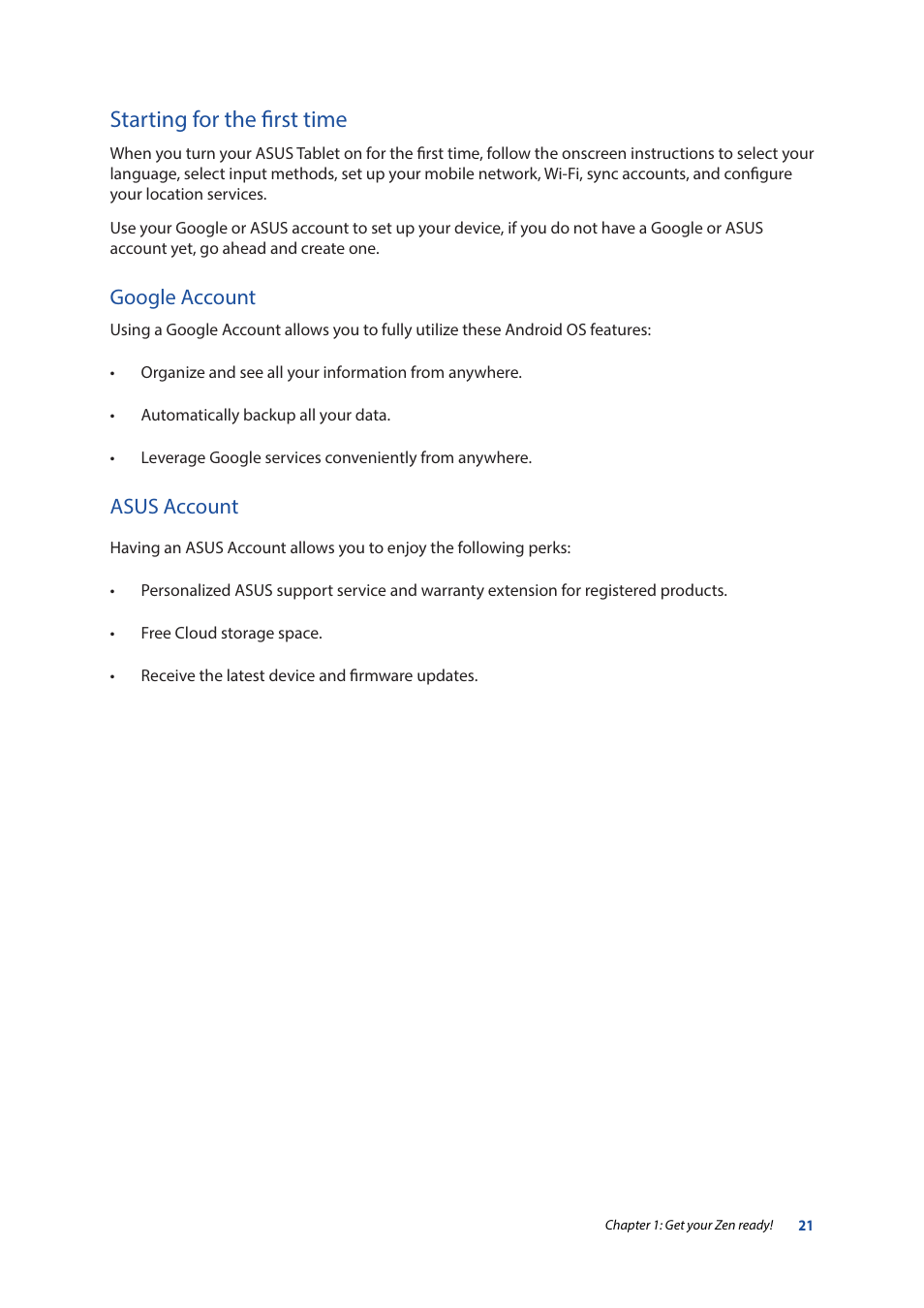 Starting for the first time, Google account, Asus account | Asus ZenPad 10 (Z300M) User Manual | Page 21 / 126