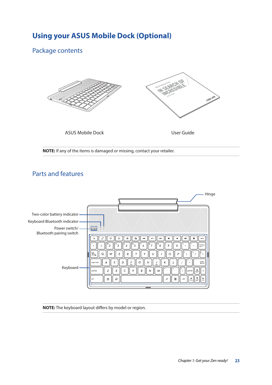 Using your asus mobile dock (optional), Package contents, Parts and features | Package contents parts and features | Asus ZenPad 10 (Z300M) User Manual | Page 23 / 126