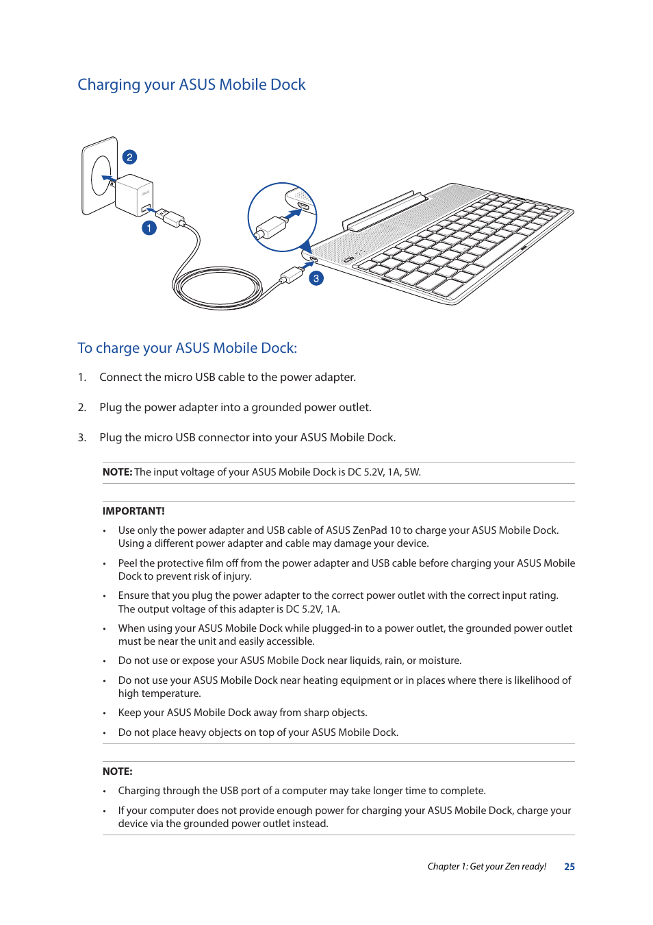 Charging your asus mobile dock | Asus ZenPad 10 (Z300M) User Manual | Page 25 / 126