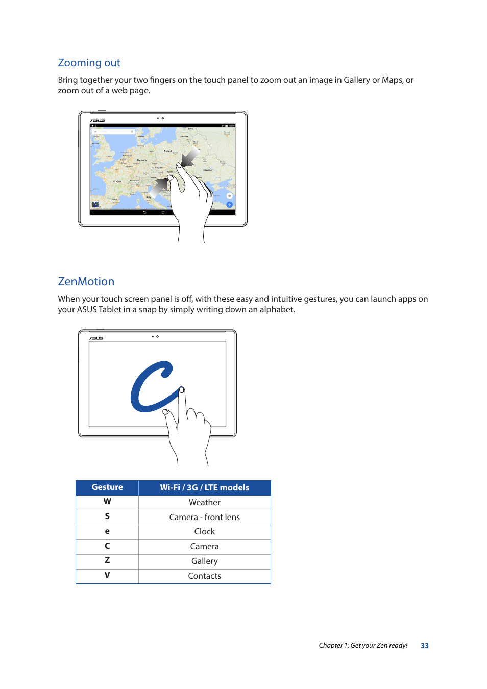 Zenmotion, Zooming out | Asus ZenPad 10 (Z300M) User Manual | Page 33 / 126