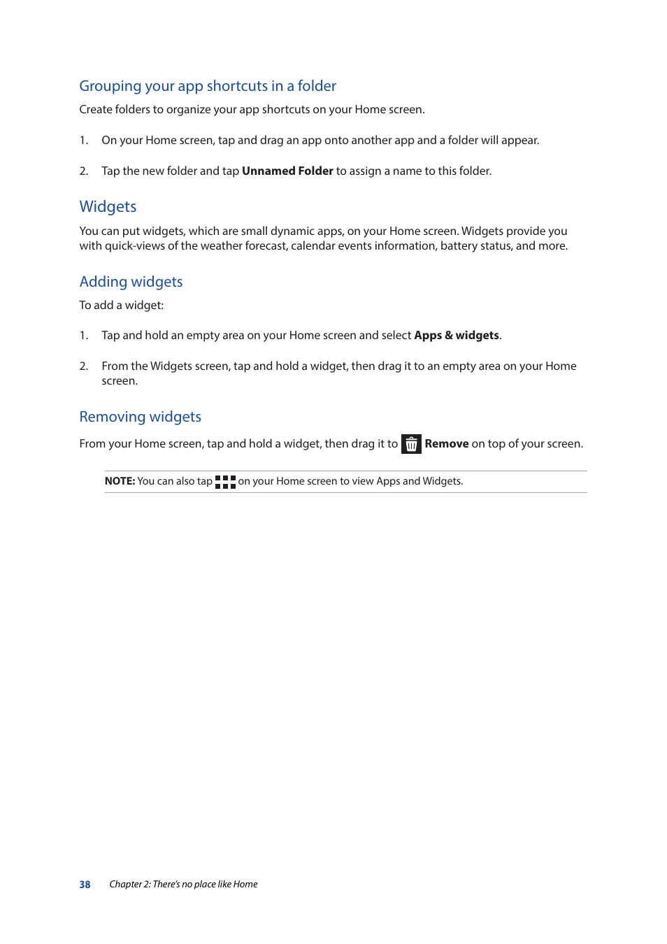 Widgets, Grouping your app shortcuts in a folder, Adding widgets | Removing widgets | Asus ZenPad 10 (Z300M) User Manual | Page 38 / 126