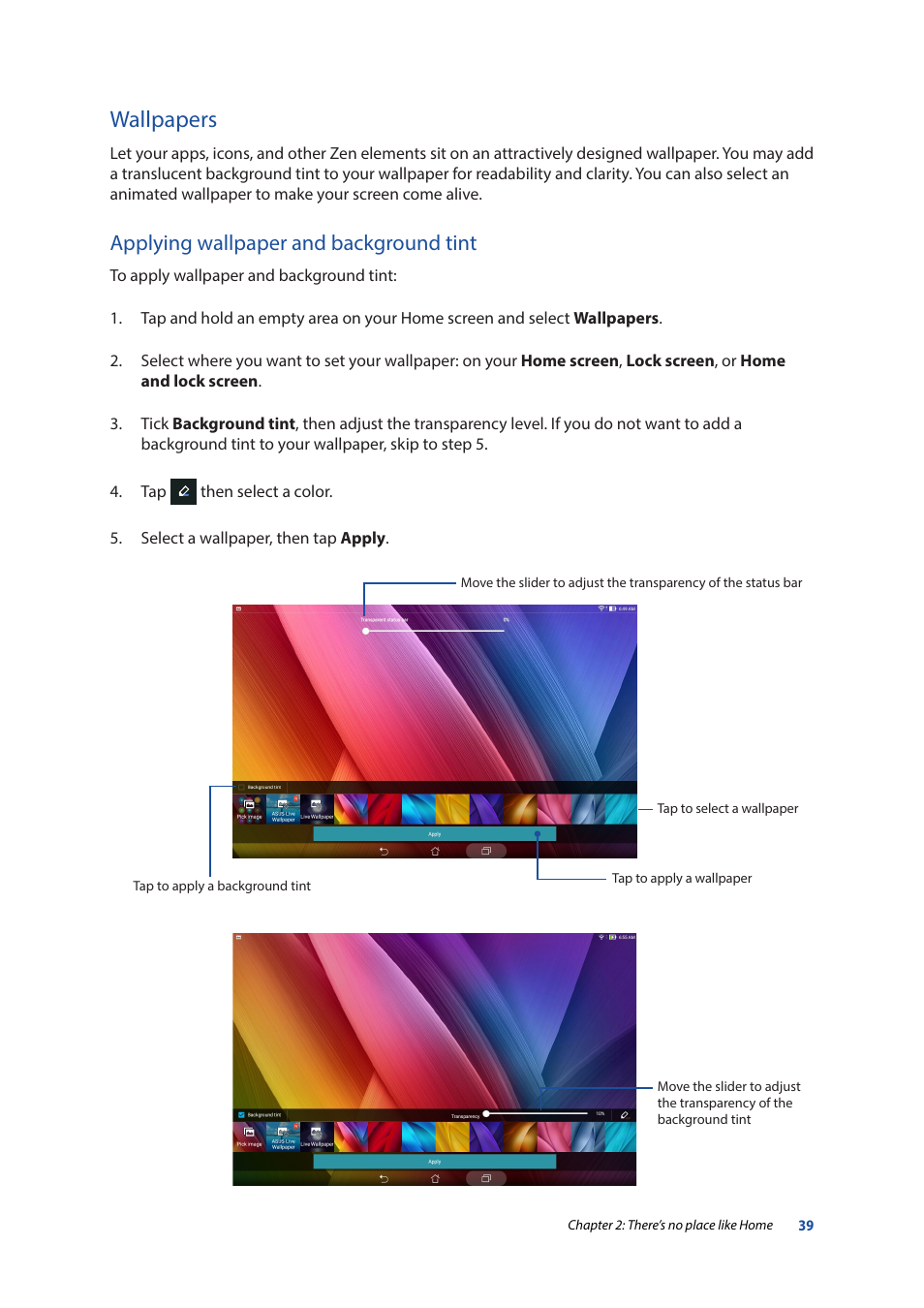 Wallpapers, Applying wallpaper and background tint | Asus ZenPad 10 (Z300M) User Manual | Page 39 / 126