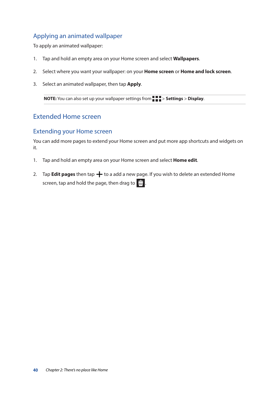 Extended home screen, Applying an animated wallpaper, Extending your home screen | Asus ZenPad 10 (Z300M) User Manual | Page 40 / 126