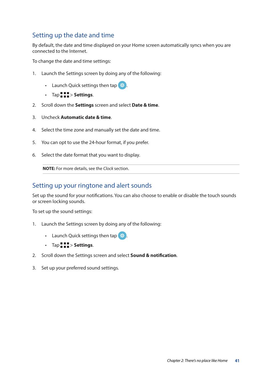 Setting up the date and time, Setting up your ringtone and alert sounds | Asus ZenPad 10 (Z300M) User Manual | Page 41 / 126