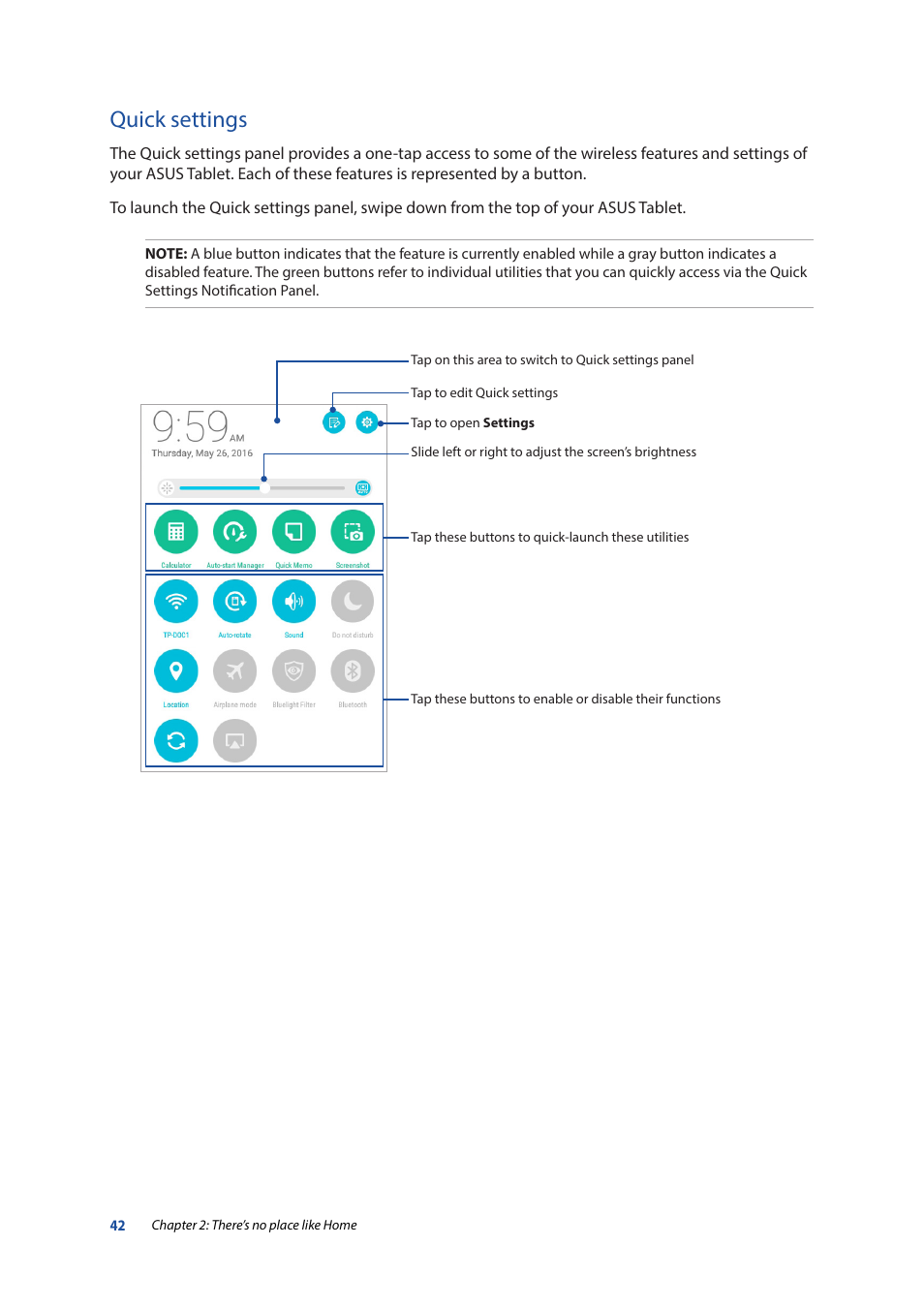 Quick settings | Asus ZenPad 10 (Z300M) User Manual | Page 42 / 126