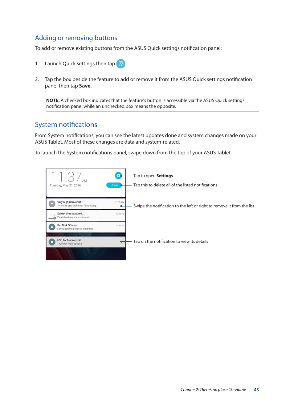 System notifications, Adding or removing buttons | Asus ZenPad 10 (Z300M) User Manual | Page 43 / 126