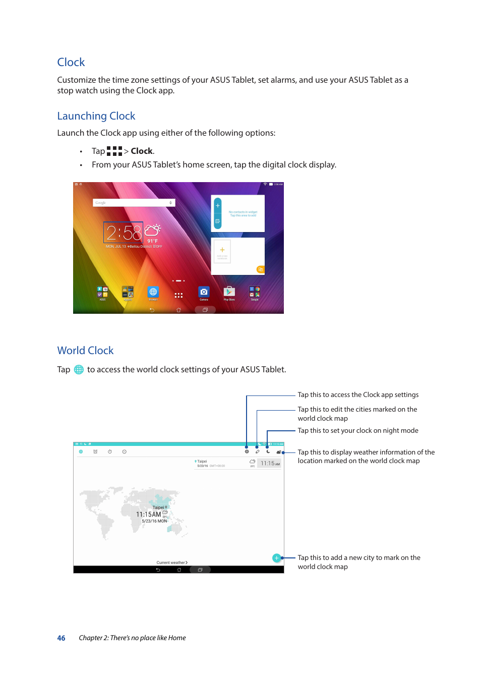 Clock, Launching clock, World clock | Asus ZenPad 10 (Z300M) User Manual | Page 46 / 126