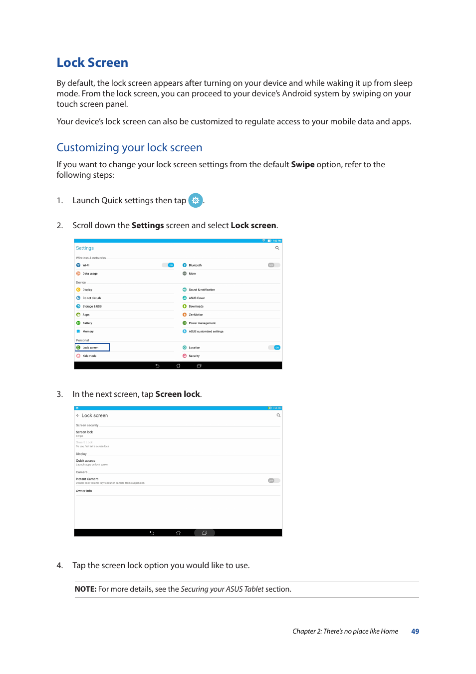 Lock screen, Customizing your lock screen | Asus ZenPad 10 (Z300M) User Manual | Page 49 / 126