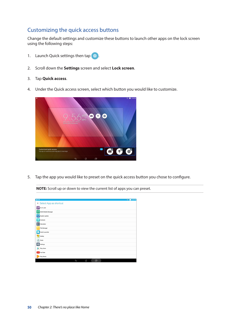 Customizing the quick access buttons | Asus ZenPad 10 (Z300M) User Manual | Page 50 / 126