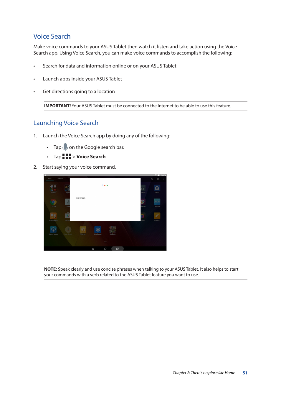 Voice search, Launching voice search | Asus ZenPad 10 (Z300M) User Manual | Page 51 / 126