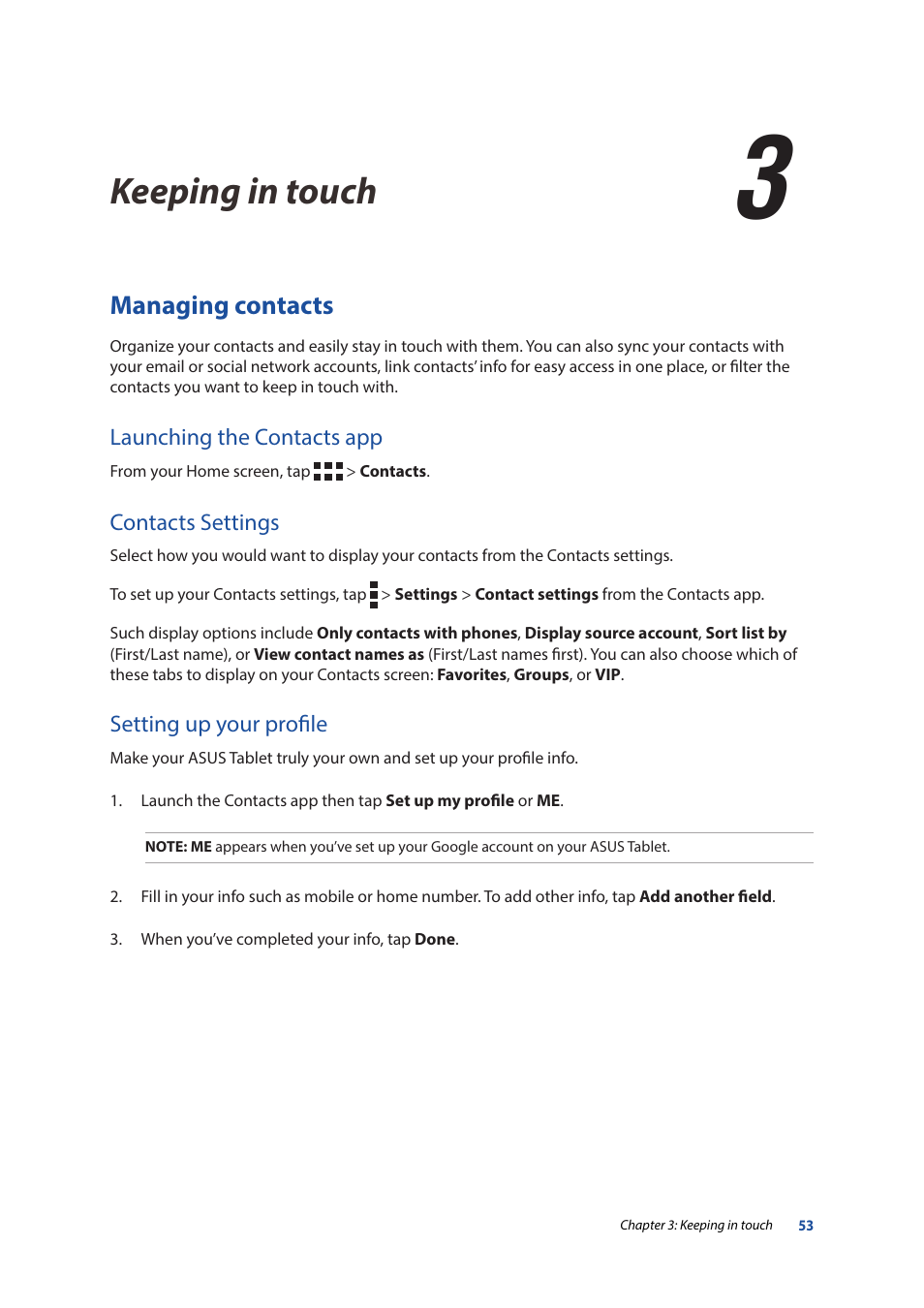 3 keeping in touch, Managing contacts, Launching the contacts app | Contacts settings, Setting up your profile, Keeping in touch, Keeping in touch 3 keeping in touch | Asus ZenPad 10 (Z300M) User Manual | Page 53 / 126