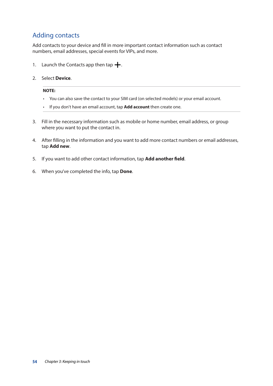 Adding contacts | Asus ZenPad 10 (Z300M) User Manual | Page 54 / 126