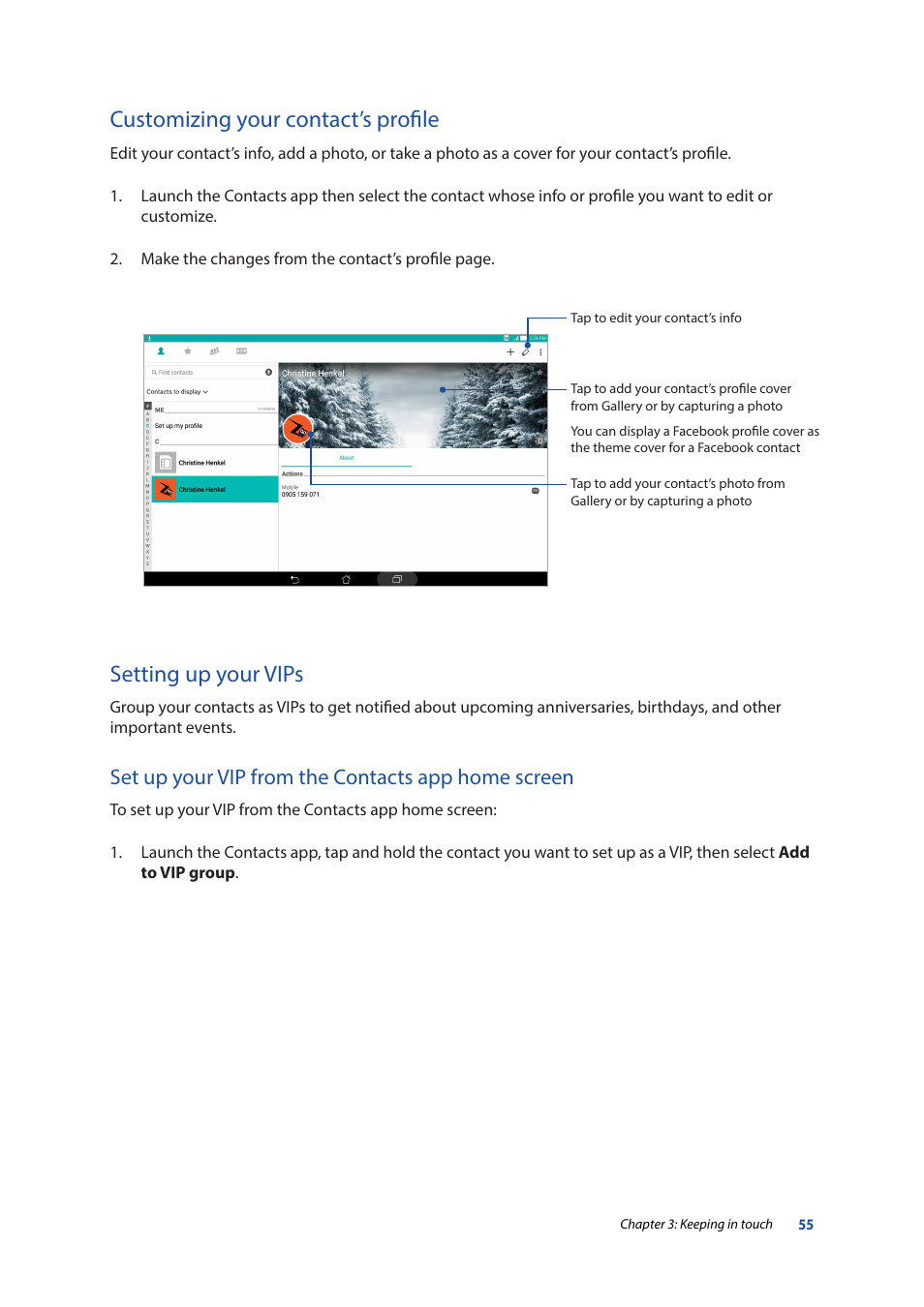 Customizing your contact’s profile, Setting up your vips, Set up your vip from the contacts app home screen | Asus ZenPad 10 (Z300M) User Manual | Page 55 / 126