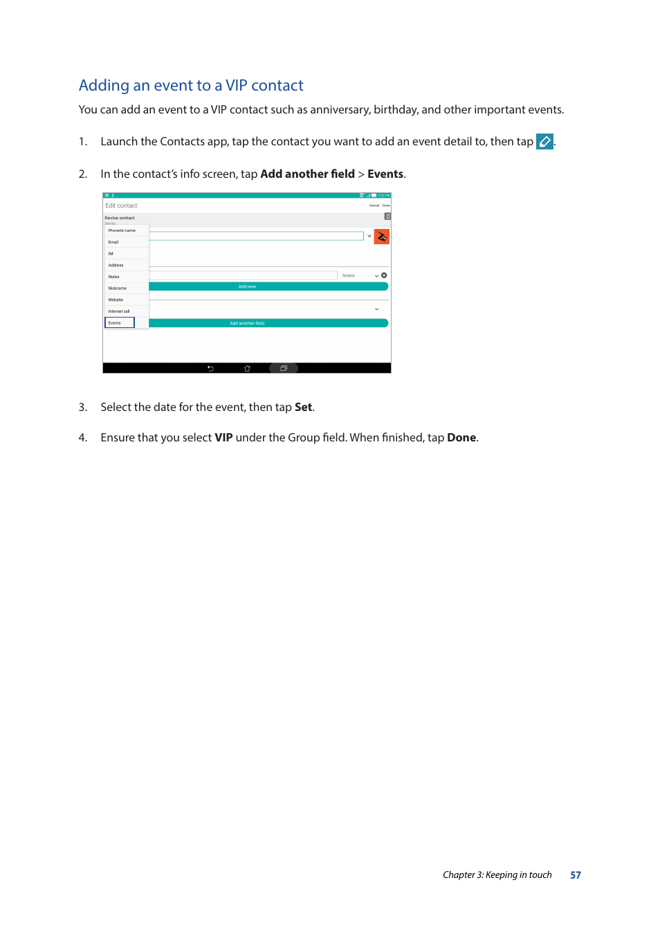 Adding an event to a vip contact | Asus ZenPad 10 (Z300M) User Manual | Page 57 / 126