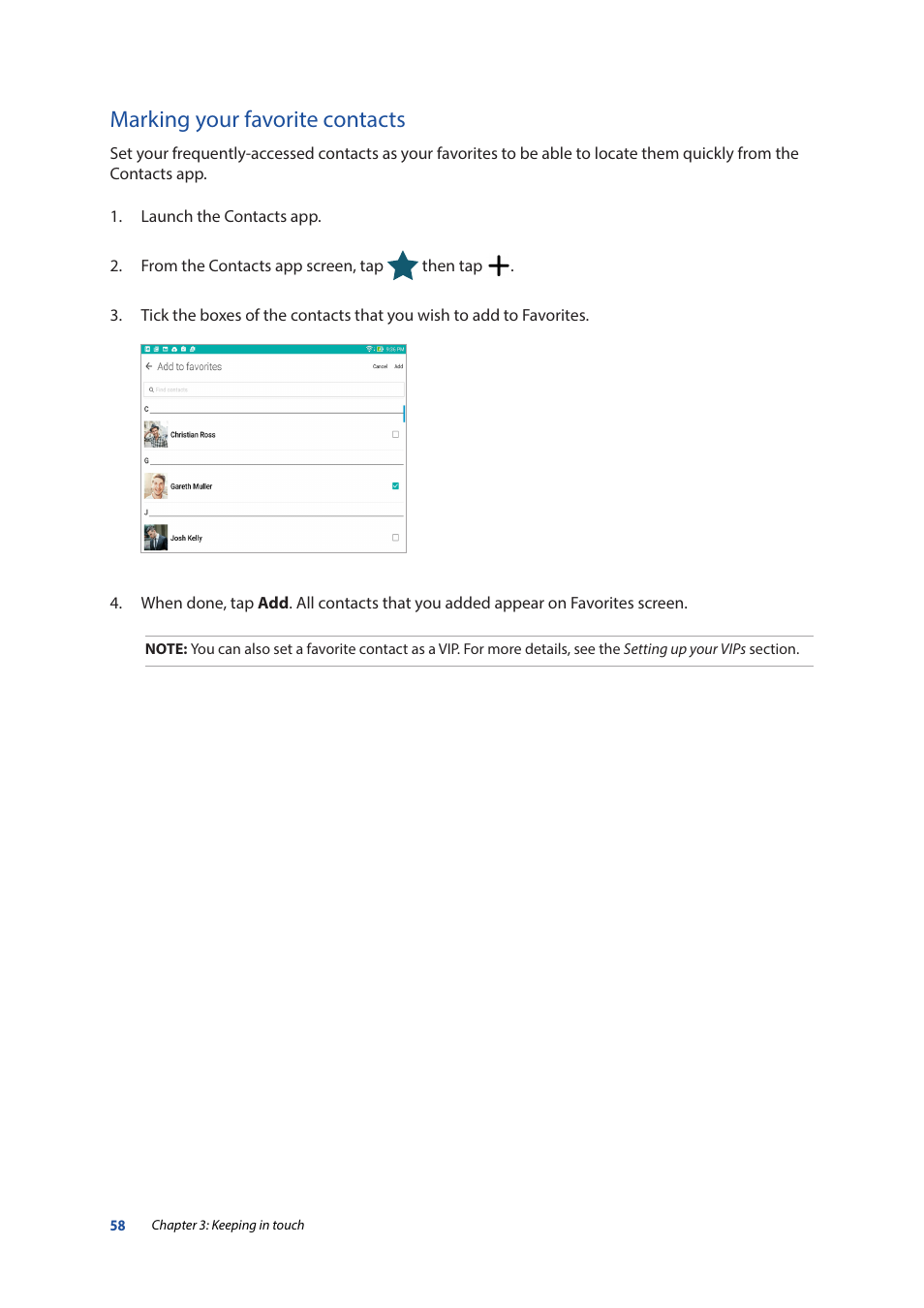 Marking your favorite contacts | Asus ZenPad 10 (Z300M) User Manual | Page 58 / 126