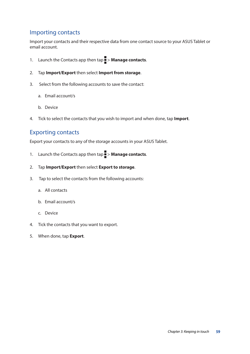 Importing contacts, Exporting contacts, Importing contacts exporting contacts | Asus ZenPad 10 (Z300M) User Manual | Page 59 / 126