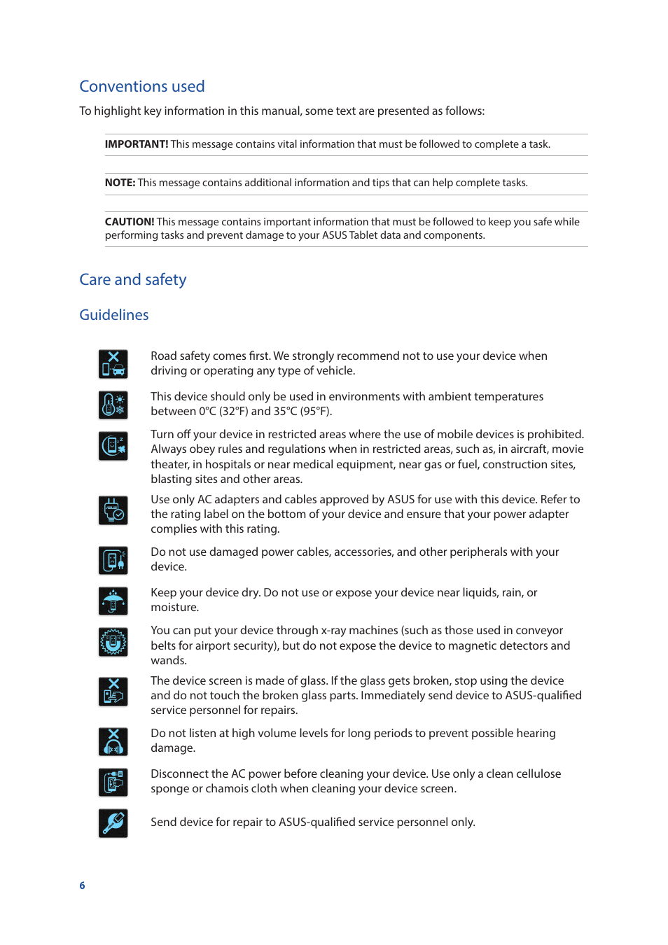 Conventions used, Care and safety, Conventions used care and safety | Guidelines | Asus ZenPad 10 (Z300M) User Manual | Page 6 / 126