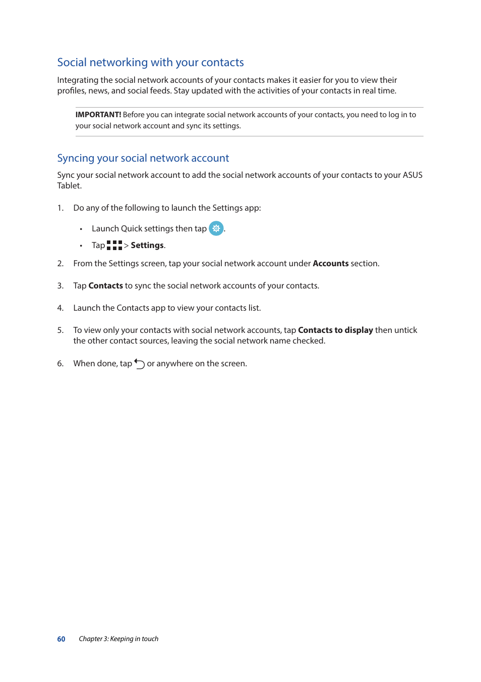 Social networking with your contacts, Syncing your social network account | Asus ZenPad 10 (Z300M) User Manual | Page 60 / 126