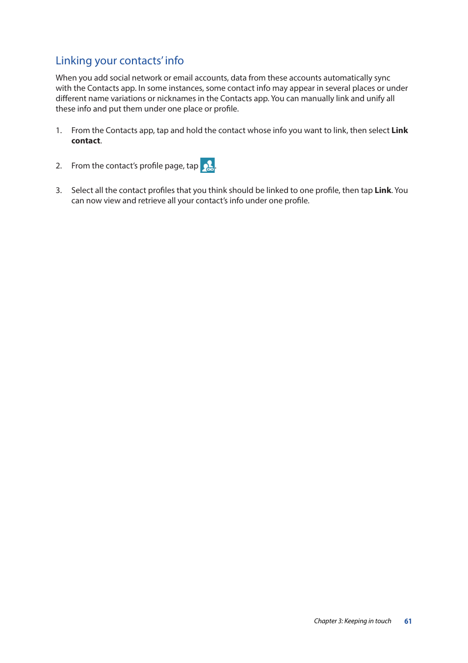 Linking your contacts’ info | Asus ZenPad 10 (Z300M) User Manual | Page 61 / 126