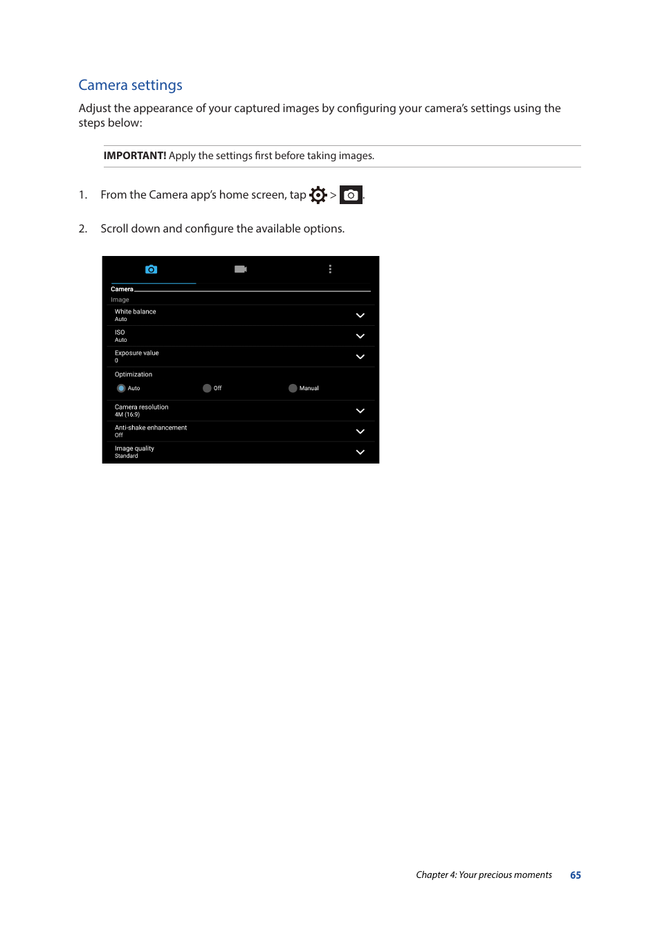 Camera settings | Asus ZenPad 10 (Z300M) User Manual | Page 65 / 126