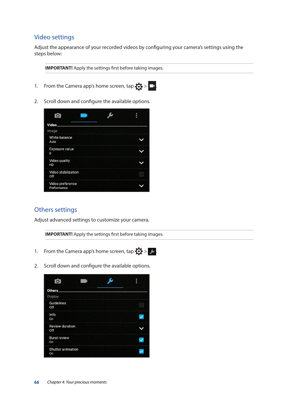 Video settings, Others settings | Asus ZenPad 10 (Z300M) User Manual | Page 66 / 126