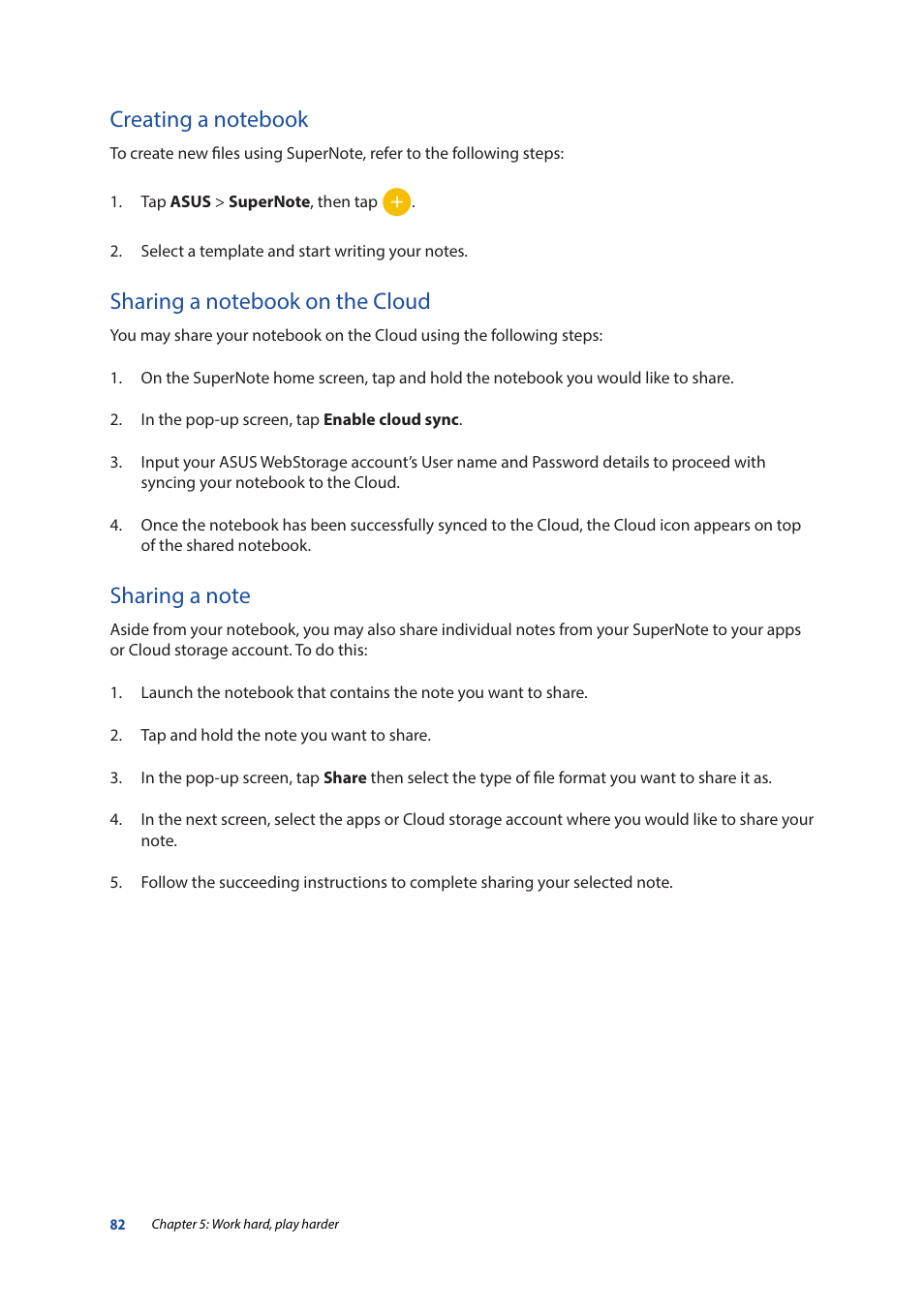 Creating a notebook, Sharing a notebook on the cloud, Sharing a note | Asus ZenPad 10 (Z300M) User Manual | Page 82 / 126