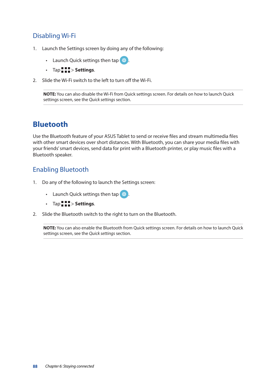 Disabling wi-fi, Bluetooth, Enabling bluetooth | Asus ZenPad 10 (Z300M) User Manual | Page 88 / 126