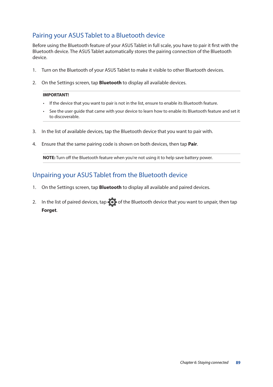 Pairing your asus tablet to a bluetooth device | Asus ZenPad 10 (Z300M) User Manual | Page 89 / 126