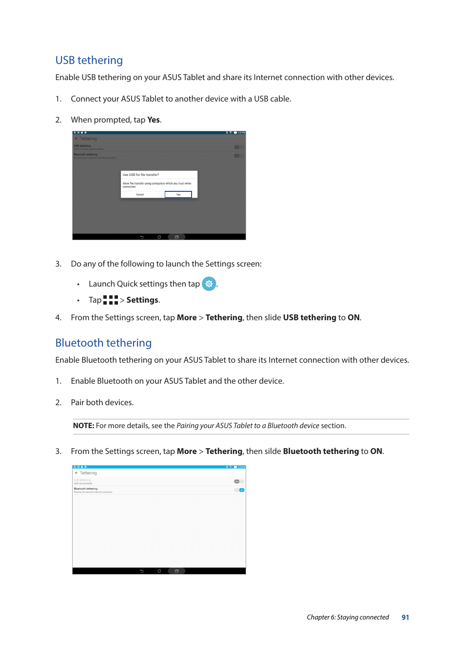 Usb tethering, Bluetooth tethering, Usb tethering bluetooth tethering | Asus ZenPad 10 (Z300M) User Manual | Page 91 / 126