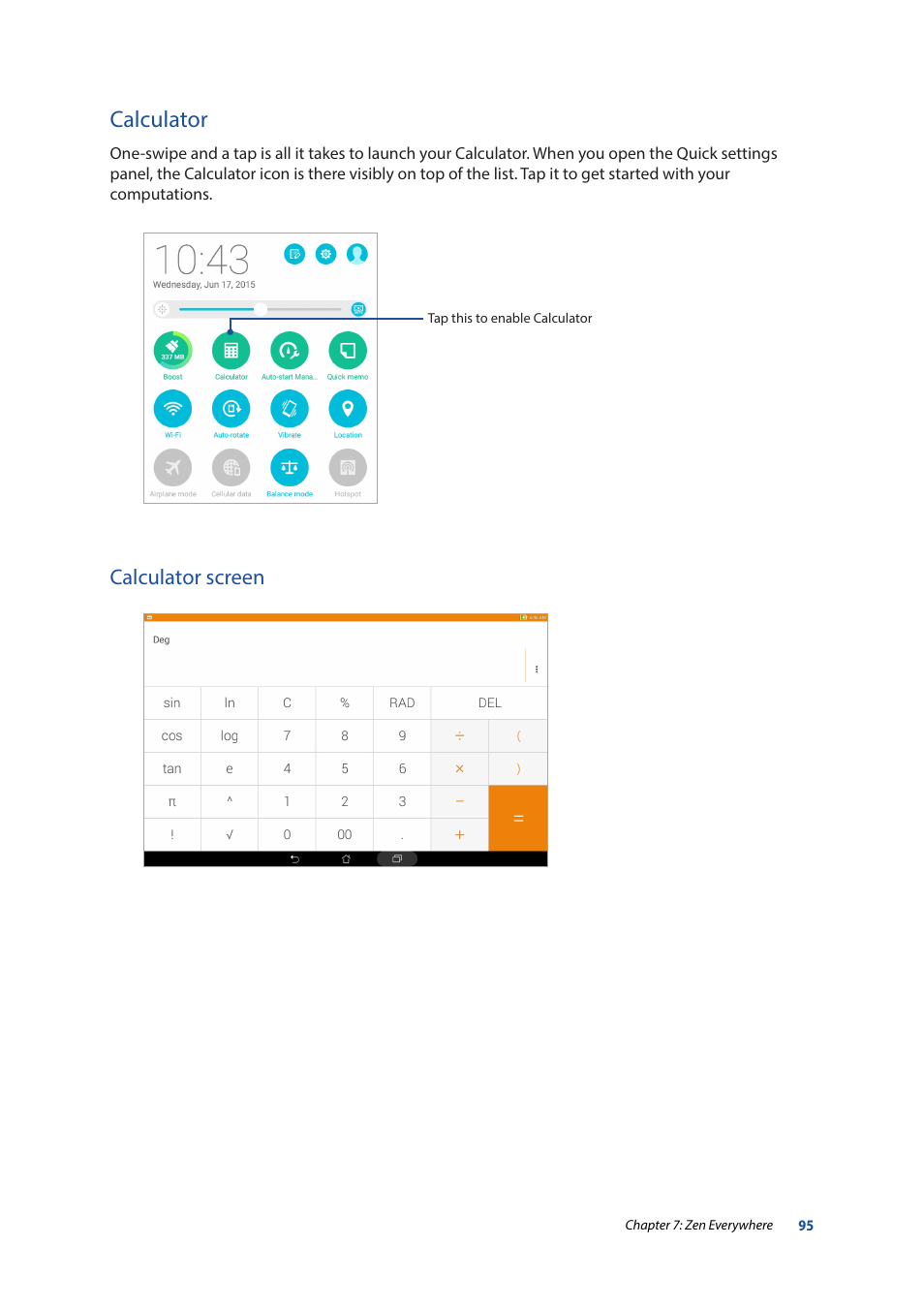 Calculator, Calculator screen | Asus ZenPad 10 (Z300M) User Manual | Page 95 / 126