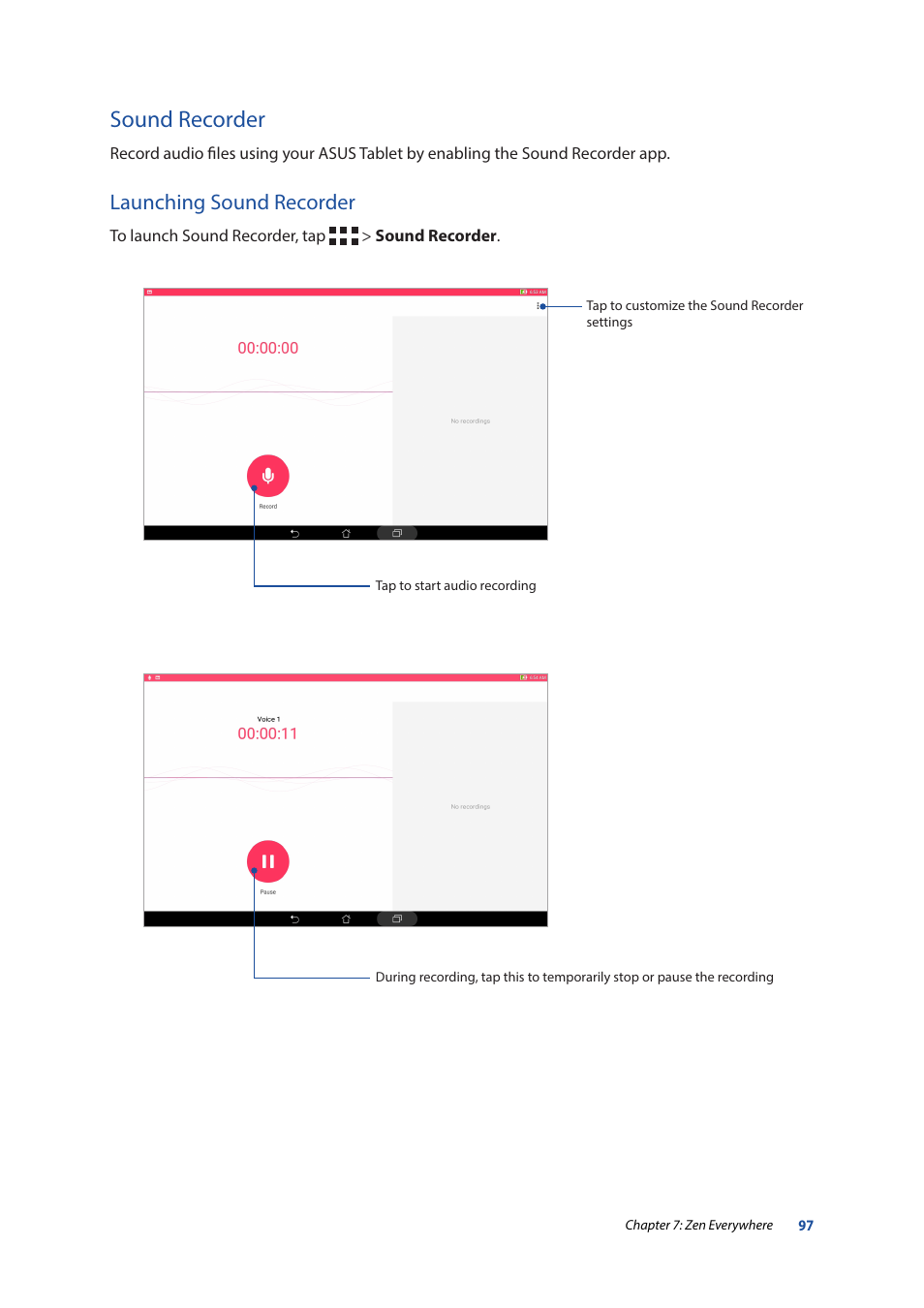 Sound recorder, Launching sound recorder | Asus ZenPad 10 (Z300M) User Manual | Page 97 / 126