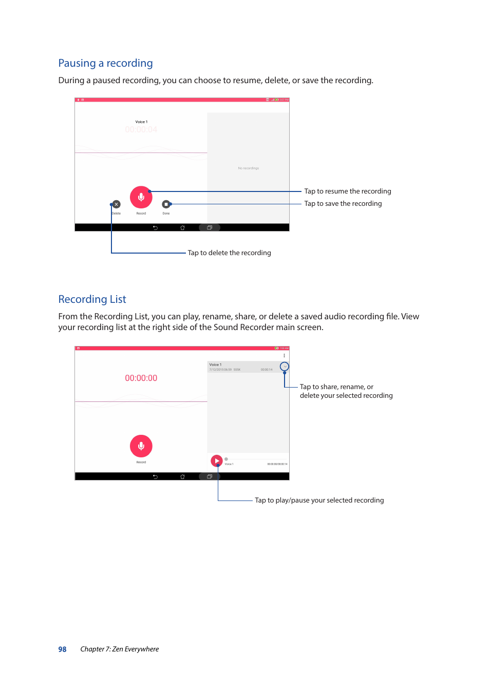 Pausing a recording, Recording list | Asus ZenPad 10 (Z300M) User Manual | Page 98 / 126