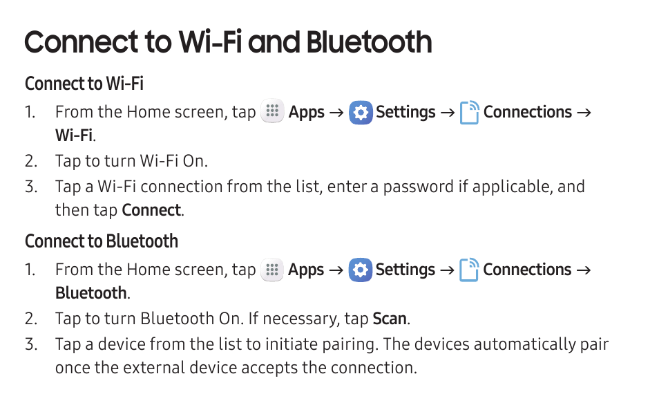 Connect to wi-fi and bluetooth | Samsung Galaxy Tab S3 (SM-T825) User Manual | Page 8 / 15