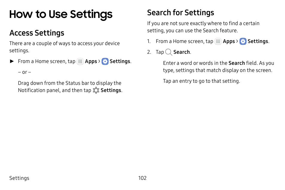 How to use settings, Access settings, Search for settings | Samsung Galaxy Tab S3 (SM-T825) User Manual | Page 107 / 177