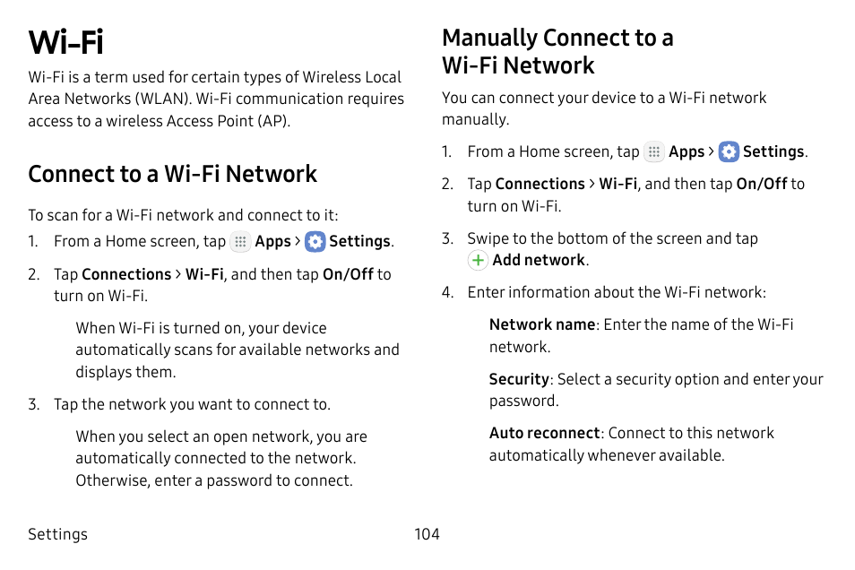 Wi‑fi, Connect to a wi-fi network, Manually connect to a wi‑fi network | Samsung Galaxy Tab S3 (SM-T825) User Manual | Page 109 / 177