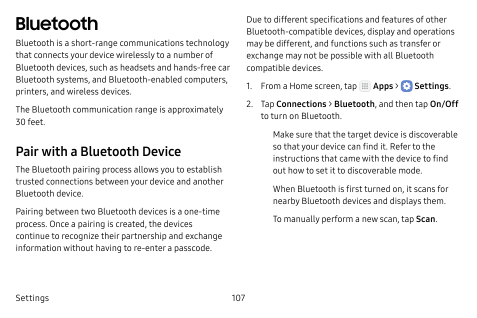 Bluetooth, Pair with a bluetooth device | Samsung Galaxy Tab S3 (SM-T825) User Manual | Page 112 / 177