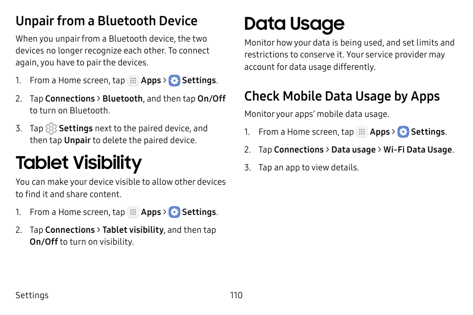 Tablet visibility, Data usage, Unpair from a bluetooth device | Check mobile data usage by apps | Samsung Galaxy Tab S3 (SM-T825) User Manual | Page 115 / 177