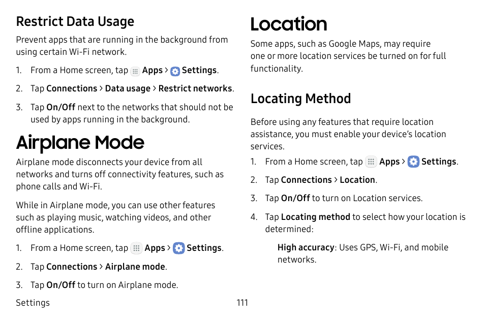 Airplane mode, Location, Restrict data usage | Locating method | Samsung Galaxy Tab S3 (SM-T825) User Manual | Page 116 / 177
