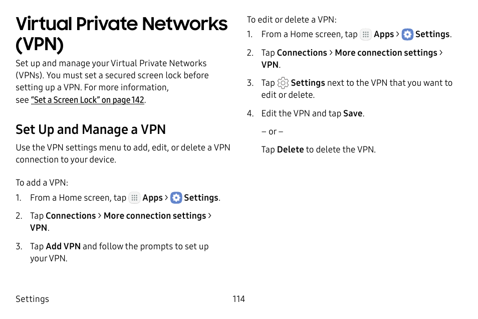 Virtual private networks (vpn), Set up and manage a vpn | Samsung Galaxy Tab S3 (SM-T825) User Manual | Page 119 / 177