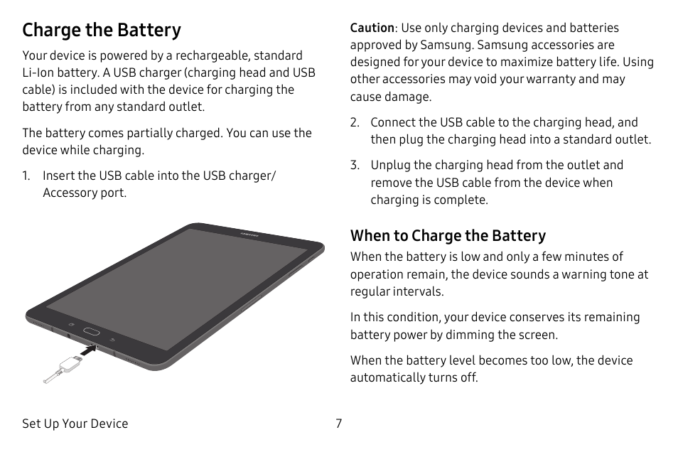 Charge the battery, When to charge the battery | Samsung Galaxy Tab S3 (SM-T825) User Manual | Page 12 / 177