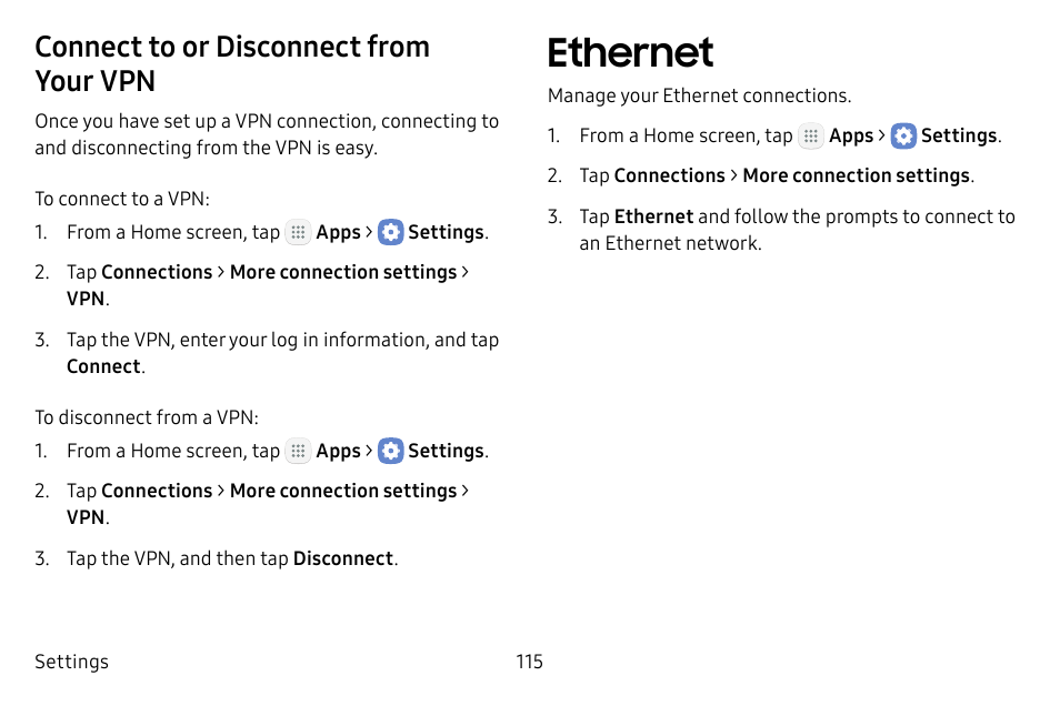 Ethernet, Connect to or disconnect from your vpn | Samsung Galaxy Tab S3 (SM-T825) User Manual | Page 120 / 177