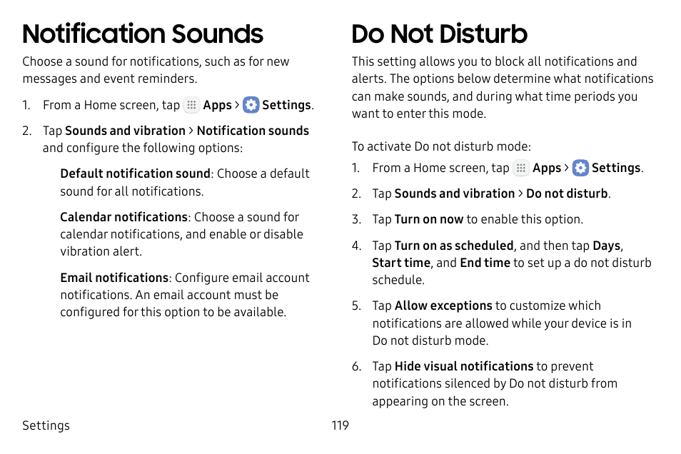 Notification sounds, Do not disturb | Samsung Galaxy Tab S3 (SM-T825) User Manual | Page 124 / 177