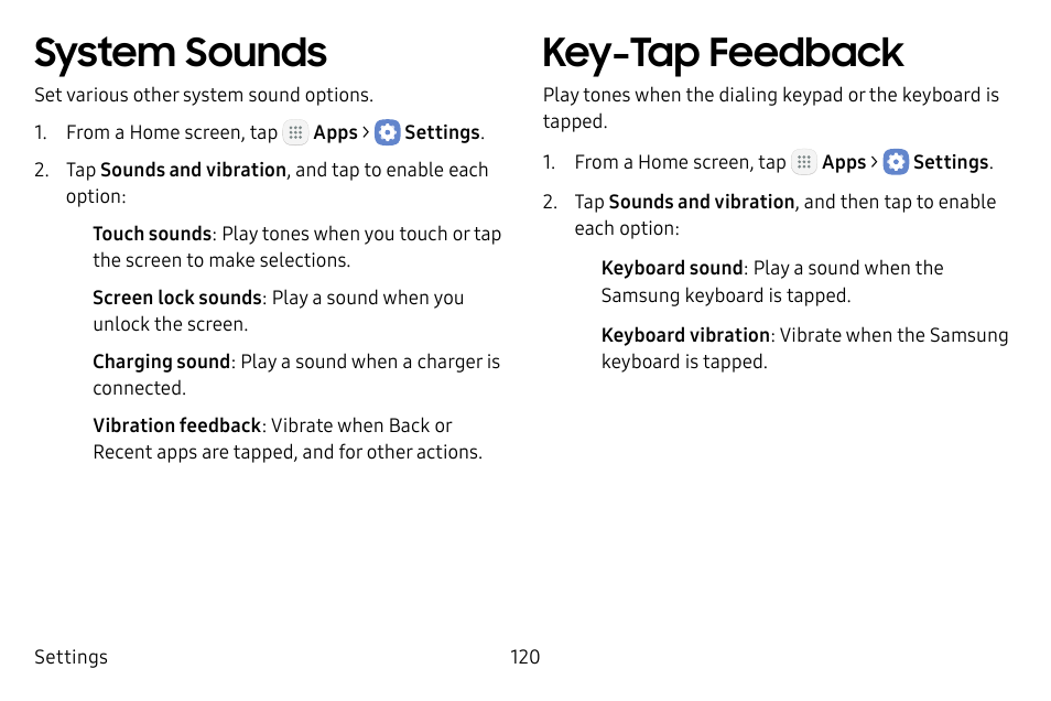 System sounds, Key-tap feedback, Key‑tap feedback | Samsung Galaxy Tab S3 (SM-T825) User Manual | Page 125 / 177