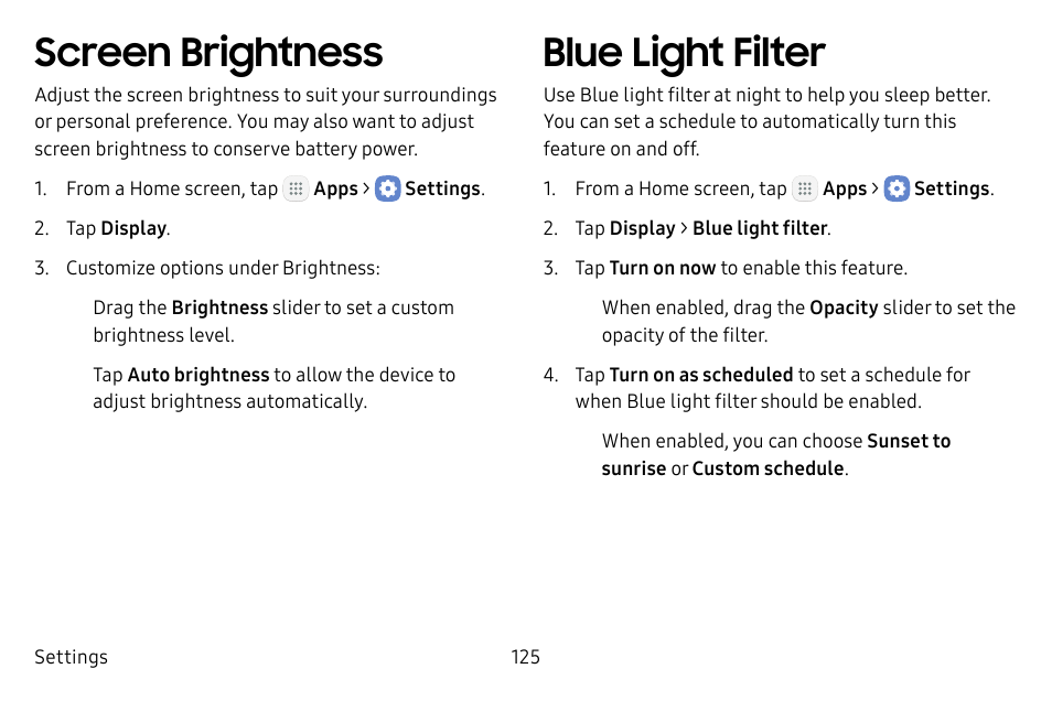 Screen brightness, Blue light filter | Samsung Galaxy Tab S3 (SM-T825) User Manual | Page 130 / 177