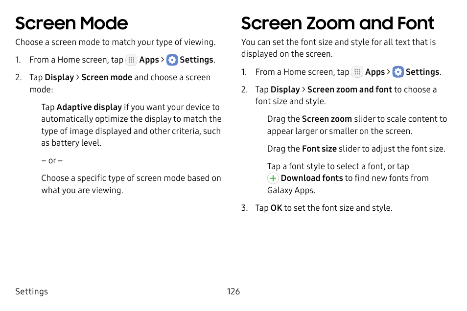 Screen mode, Screen zoom and font | Samsung Galaxy Tab S3 (SM-T825) User Manual | Page 131 / 177
