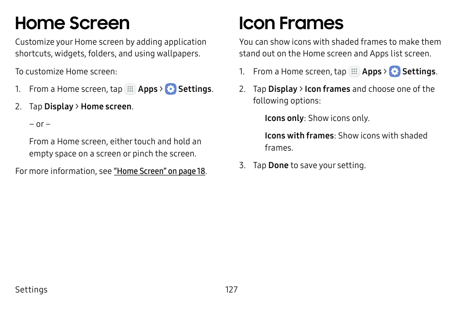 Home screen, Icon frames | Samsung Galaxy Tab S3 (SM-T825) User Manual | Page 132 / 177