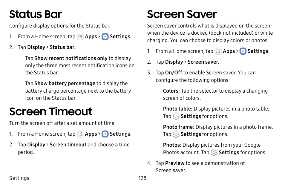Status bar, Screen timeout, Screen saver | Samsung Galaxy Tab S3 (SM-T825) User Manual | Page 133 / 177