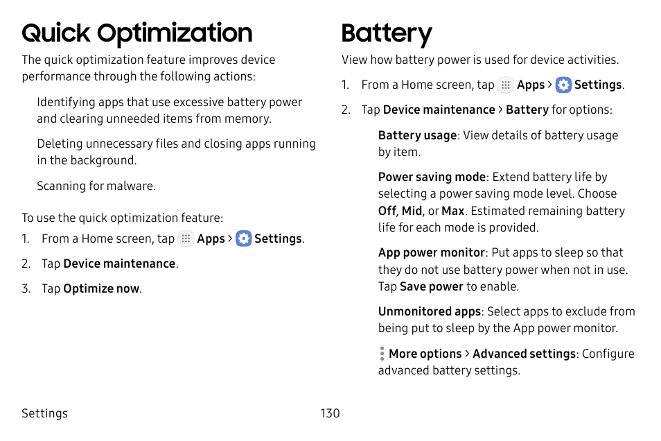 Quick optimization, Battery | Samsung Galaxy Tab S3 (SM-T825) User Manual | Page 135 / 177