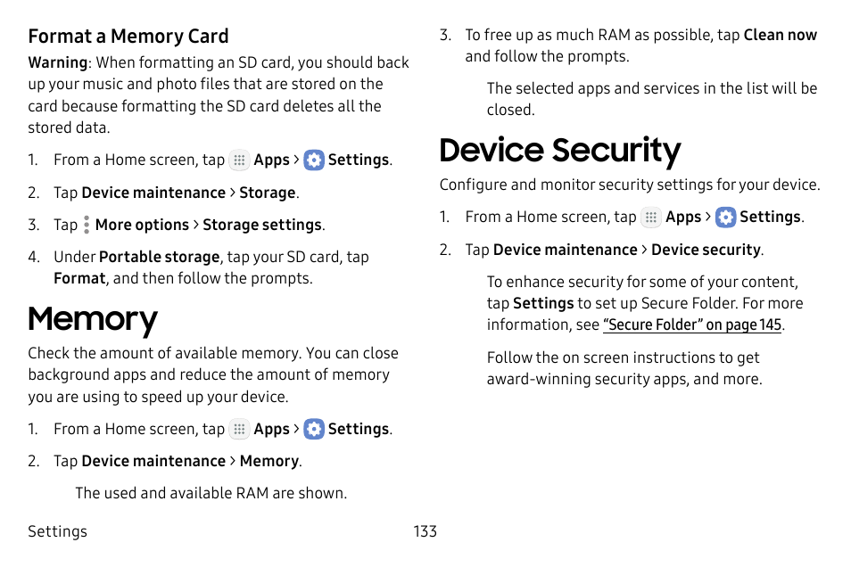 Memory, Device security | Samsung Galaxy Tab S3 (SM-T825) User Manual | Page 138 / 177