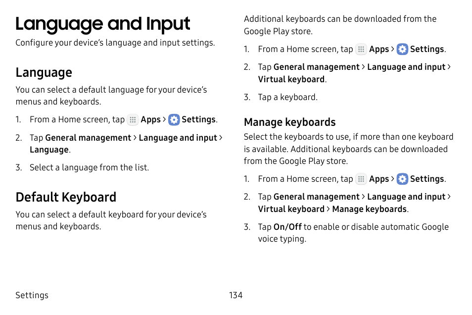 Language and input, Language, Default keyboard | Samsung Galaxy Tab S3 (SM-T825) User Manual | Page 139 / 177